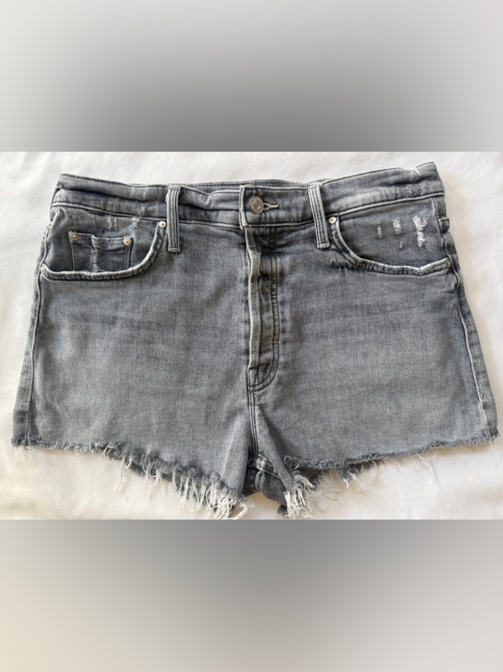 MOTHER Grey Distressed Denim Jean Cutoff Shorts